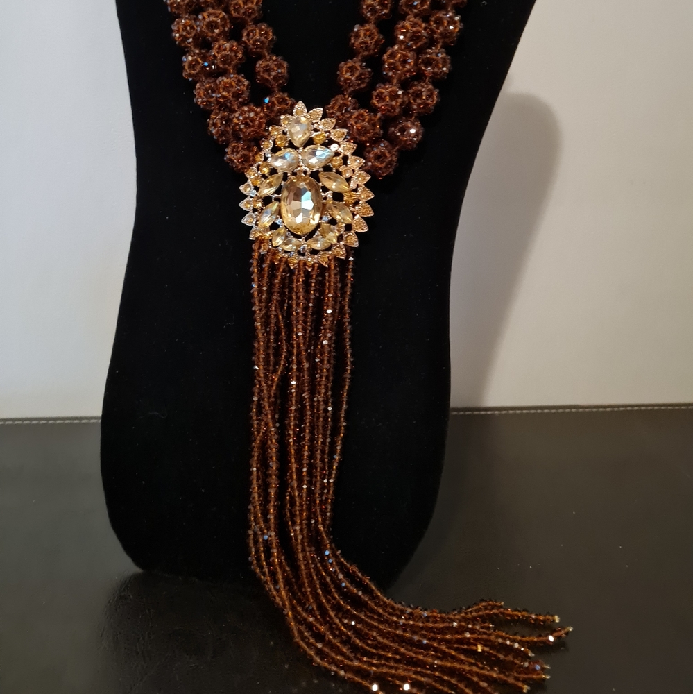 Brown crystal beaded necklace set
